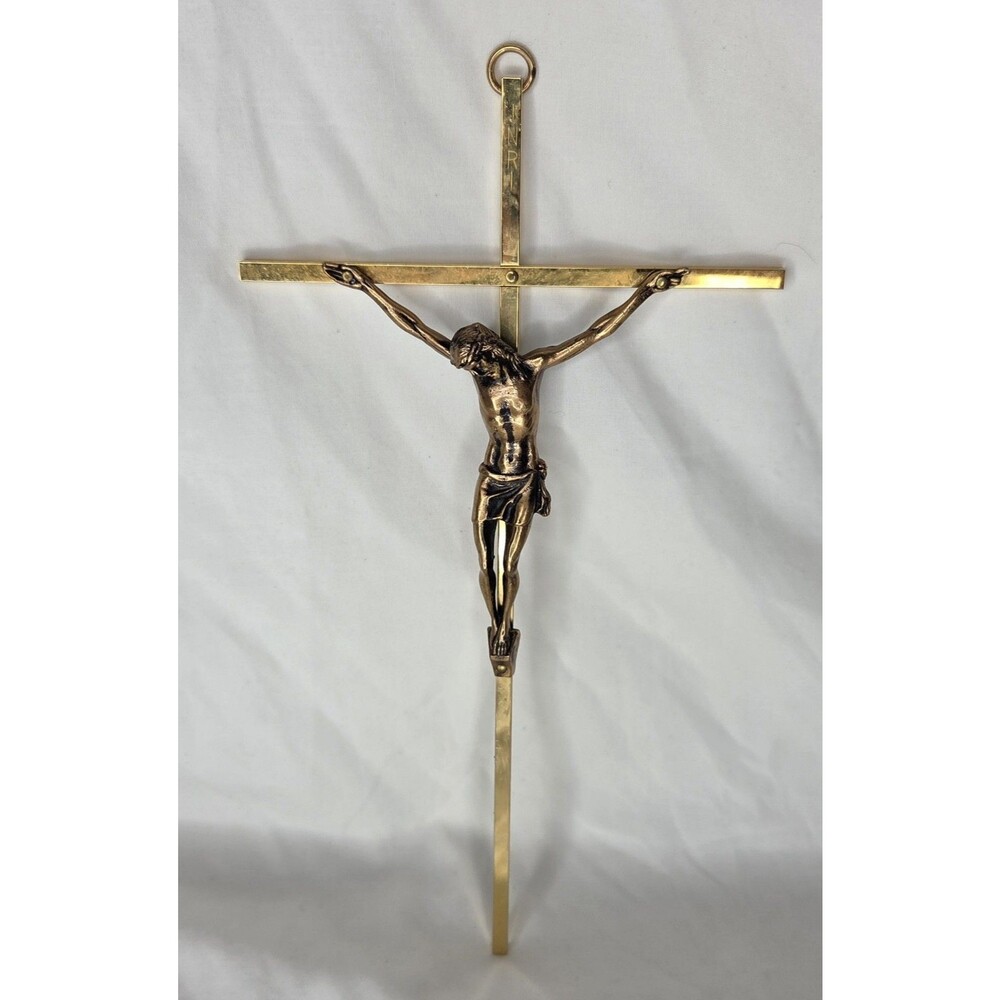 Vintage Brass Metal Crucifix Cross Jesus Christ INRI Religious Wall Hanging 10"